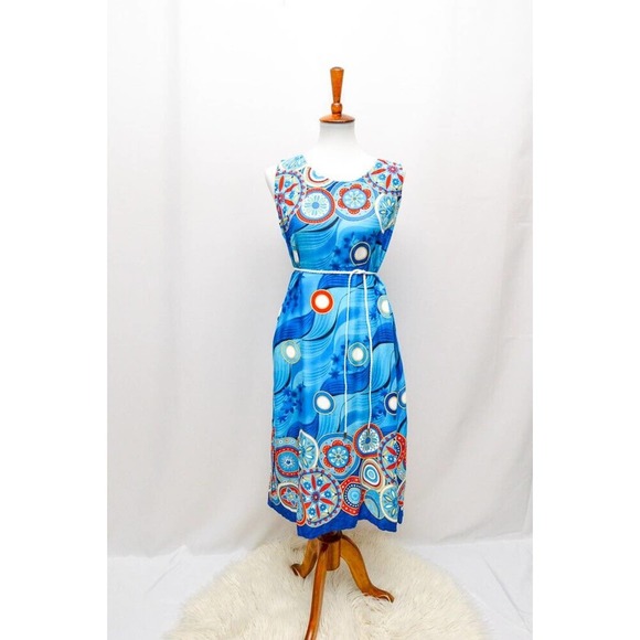 Funky circle patterns dress women's L/XL blue/red/white - Picture 1 of 4
